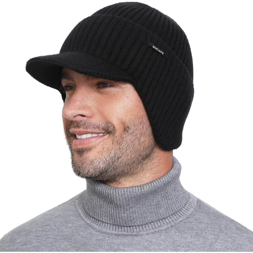 Men's Black Winter Beanie Brim And Ear Flaps Outdoor Warm Fleece Lined Knit Hat